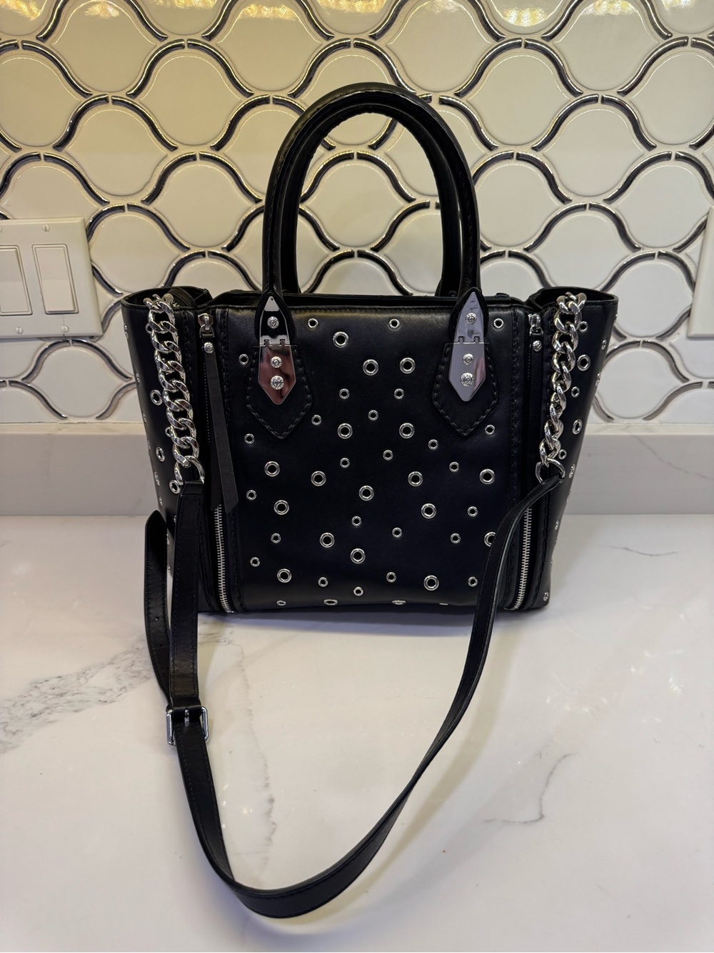 Henri Bendel Black Eyelet-Studded Leather Satchel